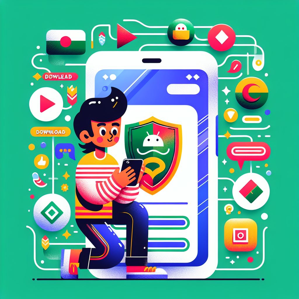 Cartoon character holding an Android phone with a shield icon and app download badge