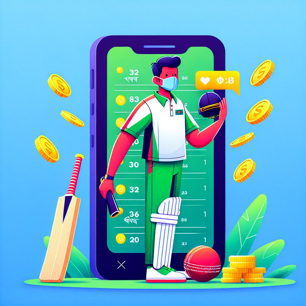 Cartoon sports bettor checking live odds on a phone with cricket and football icons