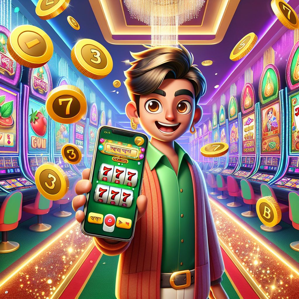7777bat themed cartoon character in a casino setting with coins and game icons