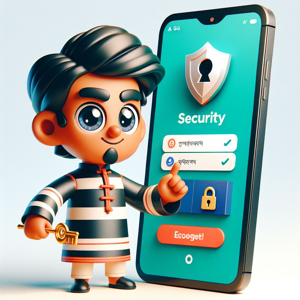Cartoon character holding a phone with a secure login screen and shield icon