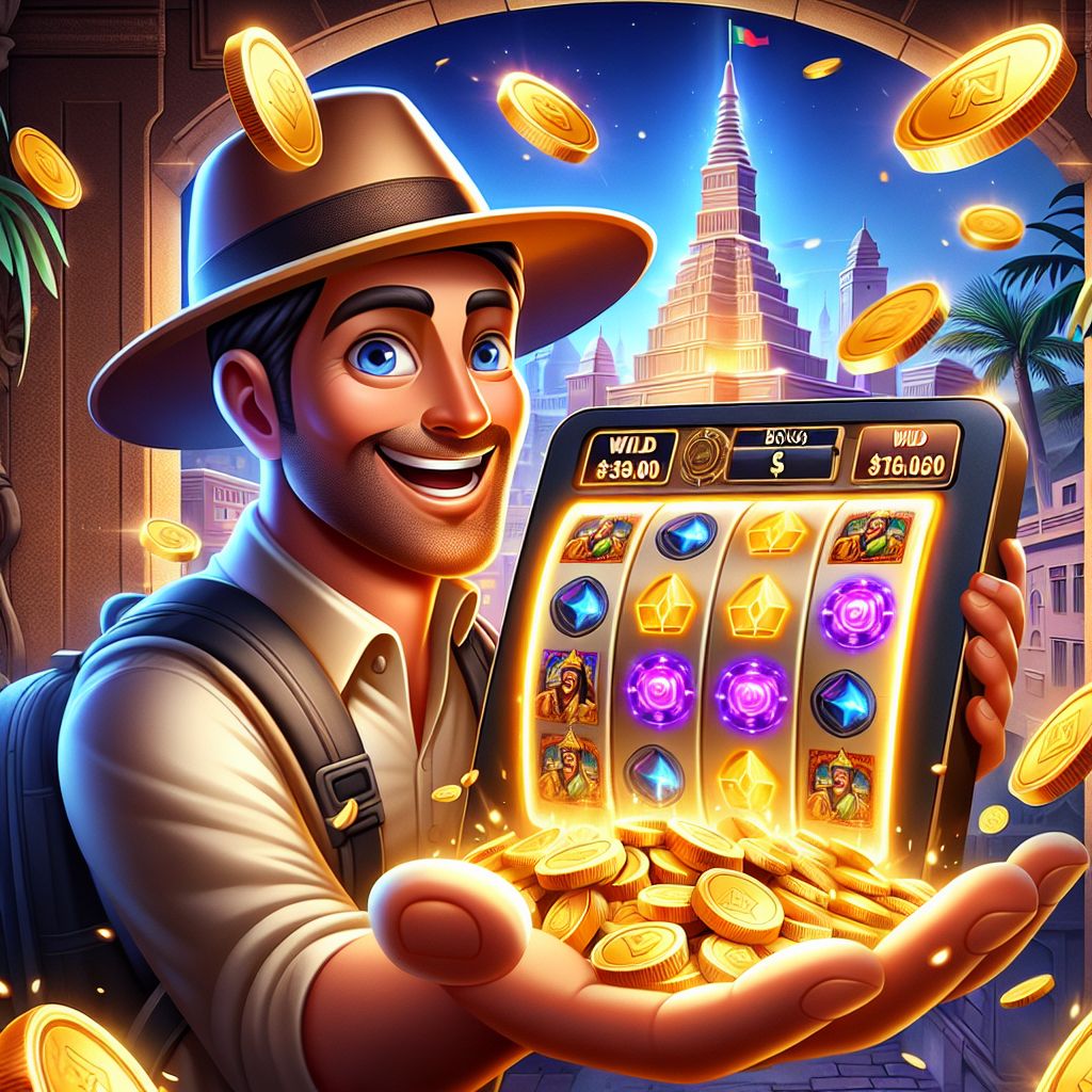 Cartoon slot adventurer with reels, coins, and glowing bonus symbols